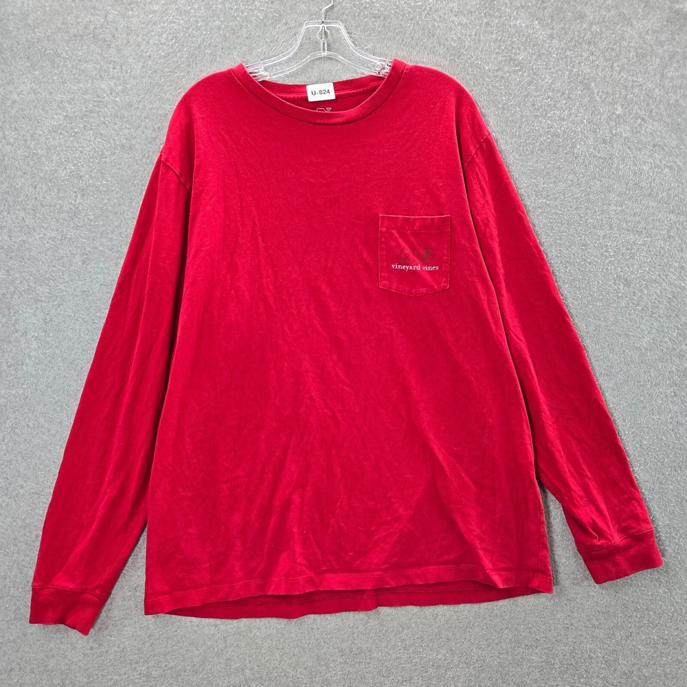 Vineyard Vines Men Shirt Large Red Logo Graphic Pocket Crew Neck Long Sleeve Tee